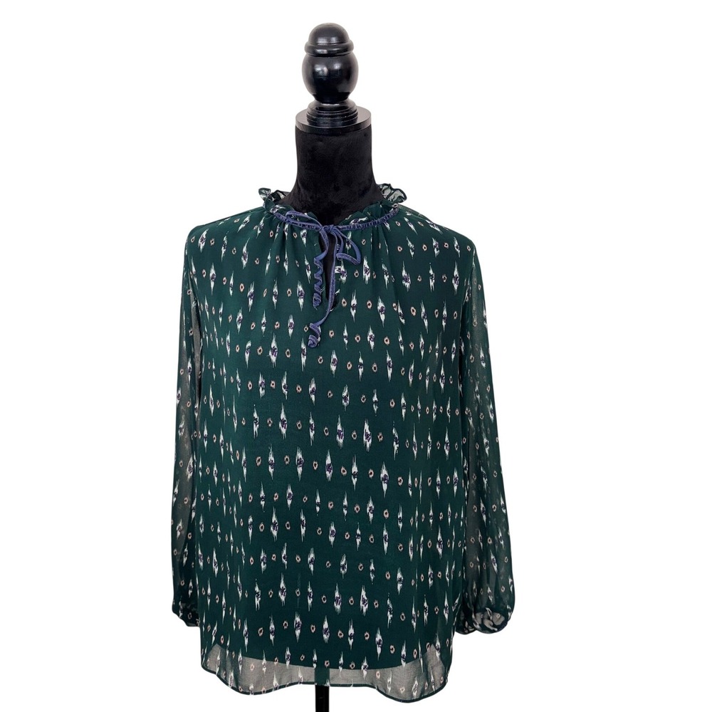 Snidel Dark Green Ikat Print Sheer Ruffle Velvet Tie Blouse Top Whimisgoth Boho - Picture 2 of 10